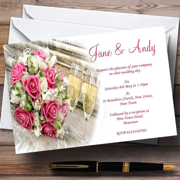 Pink Roses Pearls Champagne Customised Wedding Invitations