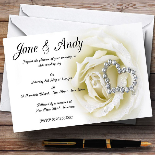 Cream Ivory Rose Heart Customised Wedding Invitations