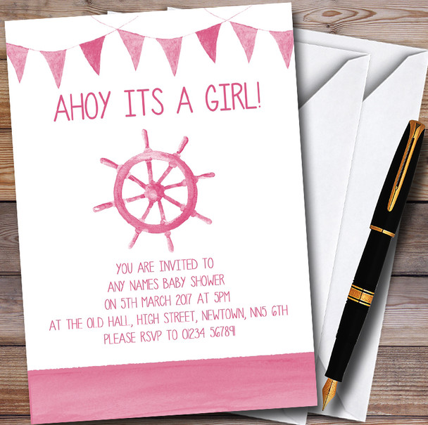 Pink Bunting Nautical Beach Customised Baby Shower Invitations