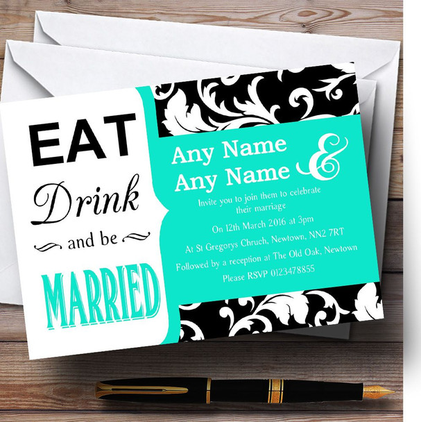 Eat Drink Damask Turquoise Customised Wedding Invitations