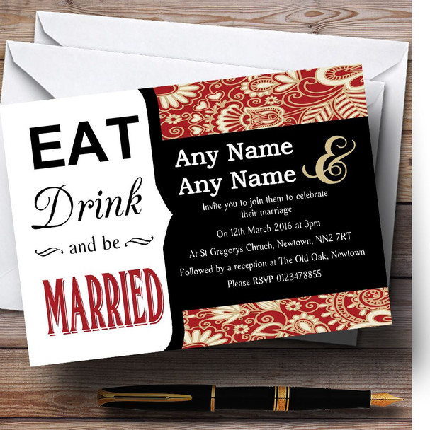 Eat Drink Vintage Red Gold Paisley Customised Wedding Invitations