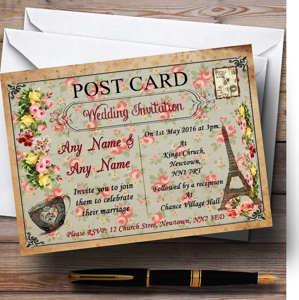 Vintage Paris Shabby Chic Postcard Floral Customised Wedding Invitations