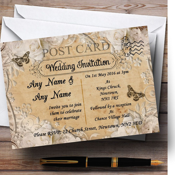 White Roses Vintage Shabby Chic Postcard Customised Wedding Invitations