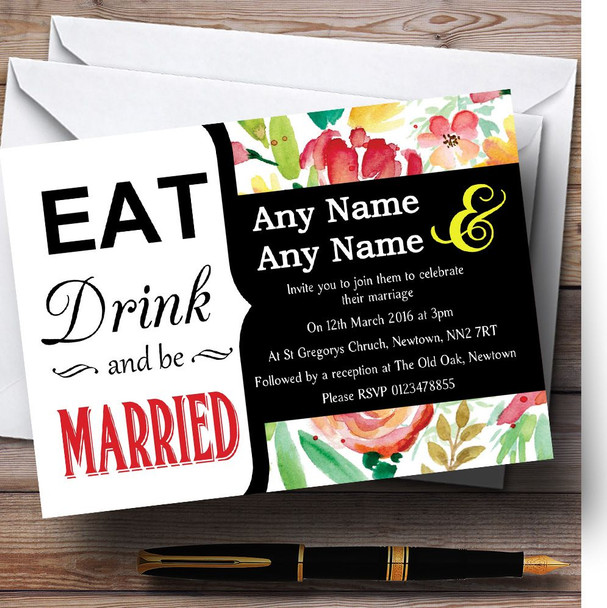 Eat Drink Pink Yellow Watercolour Flowers Customised Wedding Invitations