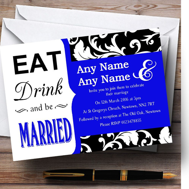 Eat Drink Damask Royal Blue Customised Wedding Invitations