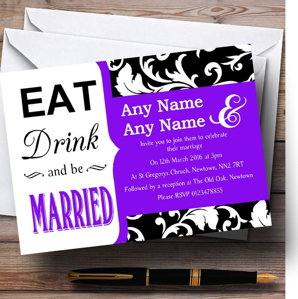 Eat Drink Damask Purple Customised Wedding Invitations