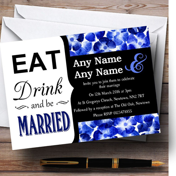 Eat Drink Blue Watercolour Flowers Customised Wedding Invitations