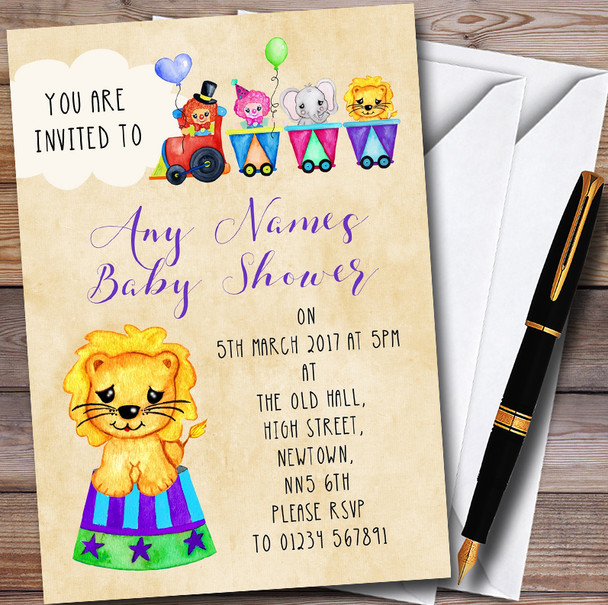 Cute Watercolour Circus Animals Customised Baby Shower Invitations