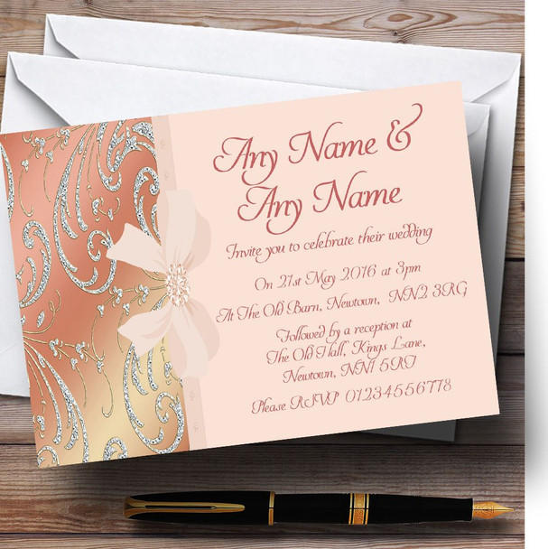 Pale Pink Coral Diamante Bow Wedding Customised Invitations
