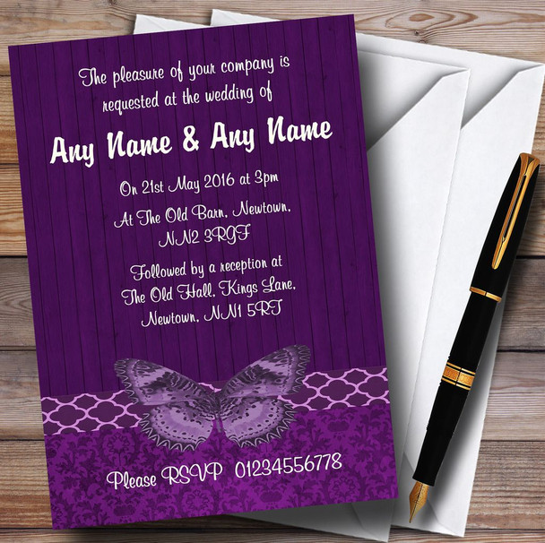 Rustic Vintage Wood Butterfly Purple Customised Wedding Invitations