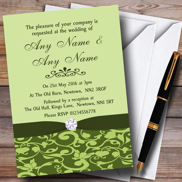 Olive Green Vintage Floral Damask Diamante Customised Wedding Invitations