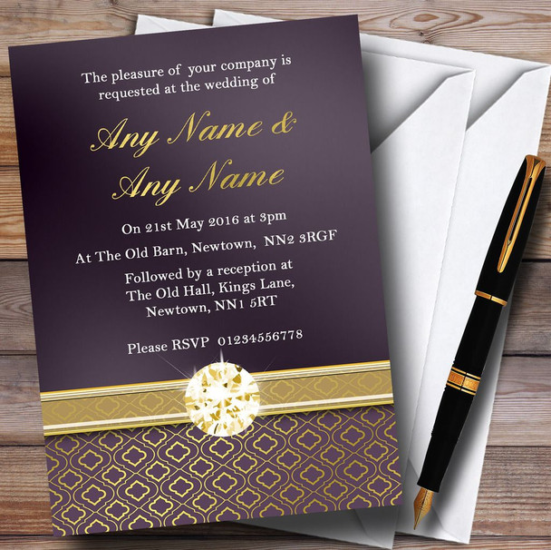 Purple Satin And Gold Customised Wedding Invitations