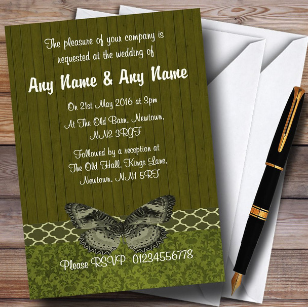 Rustic Vintage Wood Butterfly Olive Green Customised Wedding Invitations