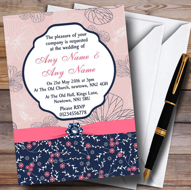 Navy Blue & Coral Pink Floral Customised Wedding Invitations