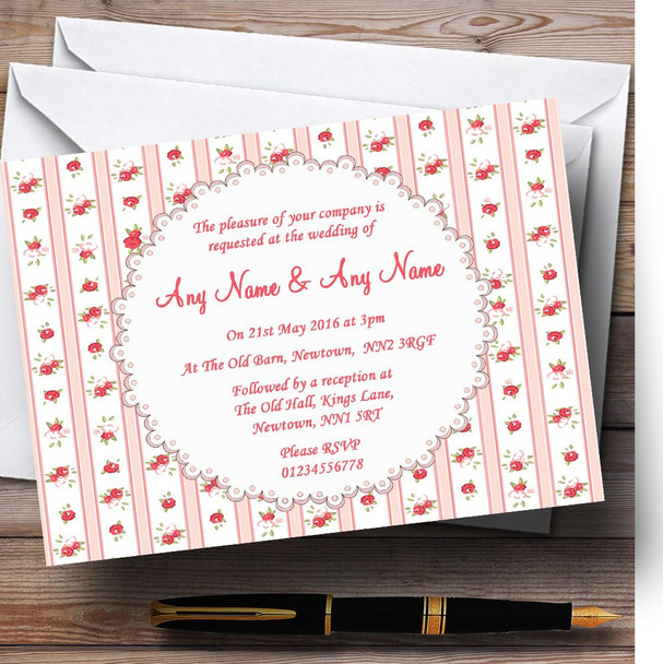Pink Red Roses Shabby Chic Stripes Customised Wedding Invitations