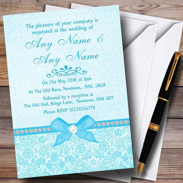 Pretty Floral Vintage Bow & Diamante Aqua Sky Blue Customised Wedding Invitations