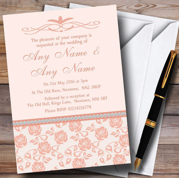 Pretty Pale Coral Floral Diamante Customised Wedding Invitations