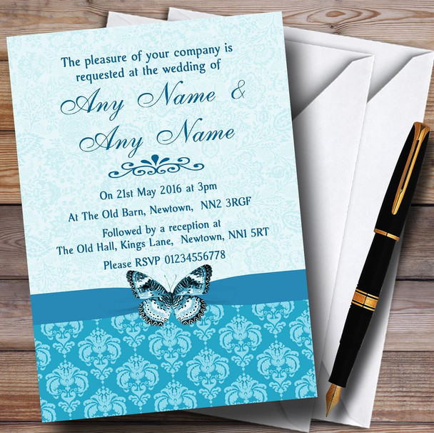 Tiffany Blue Turquoise Vintage Floral Damask Butterfly Customised Wedding Invitations