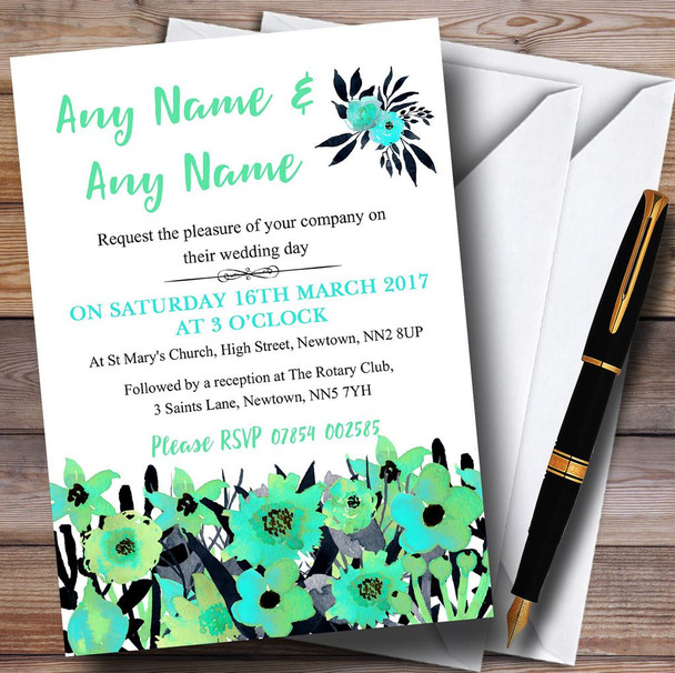 Black & Aqua Mint Green Watercolour Flowers Customised Wedding Invitations