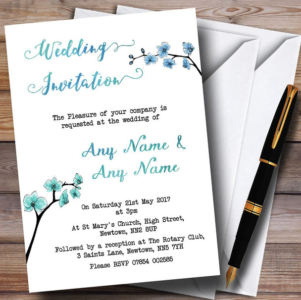 Blue & Green Cherry Blossom Watercolour Customised Wedding Invitations