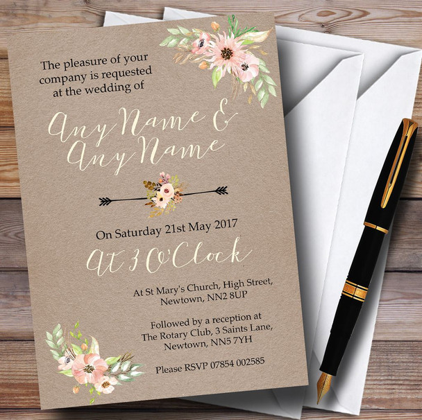 Rustic Vintage Watercolour Peach Floral Customised Wedding Invitations