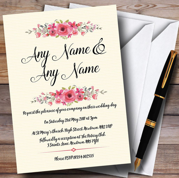 Watercolour Pink Floral Rustic Customised Wedding Invitations