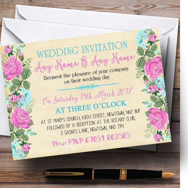 Vintage Pink & Blue Watercolour Customised Wedding Invitations