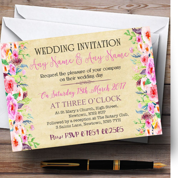 Vintage Pink Spring Flowers Watercolour Customised Wedding Invitations
