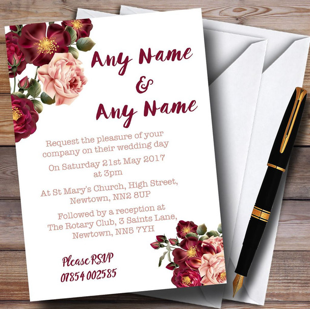 Blush Coral Pink & Deep Red Watercolour Rose Customised Invitations