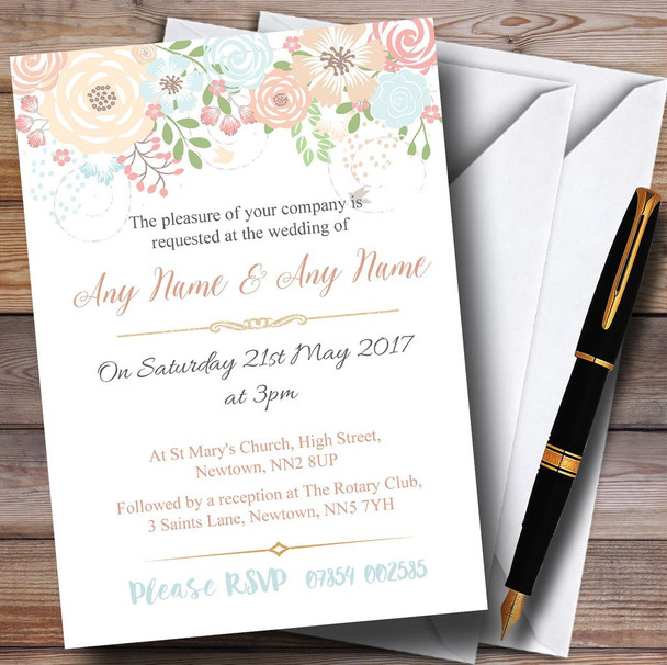 Coral Peach & Blue Watercolour Floral Header Customised Wedding Invitations