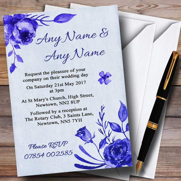 Pale Blue & White Watercolour Floral Customised Wedding Invitations