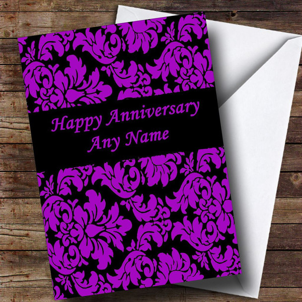 Floral Black Purple Damask Customised Romantic Anniversary Card