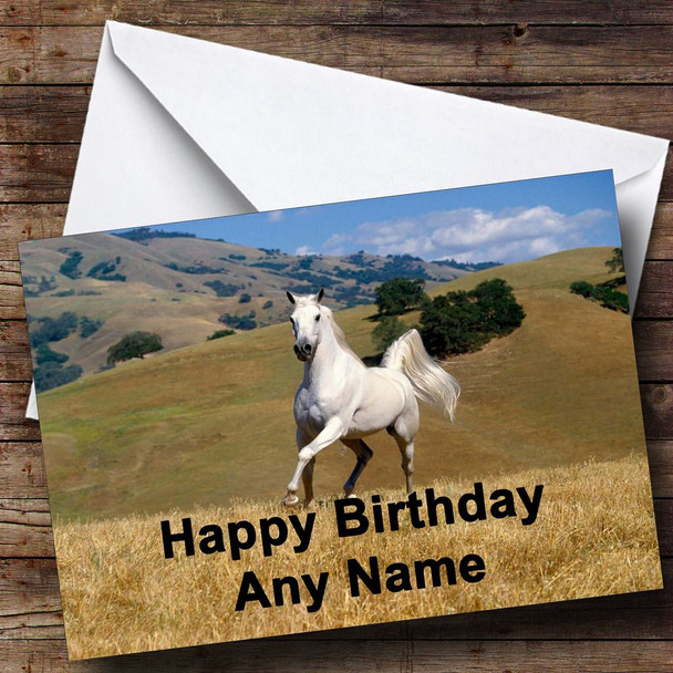 White / Grey Horse In Field Customised Birthday Card