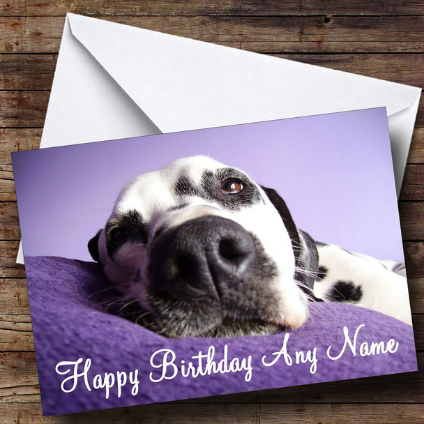 Purple Dalmatian Dog Customised Birthday Card