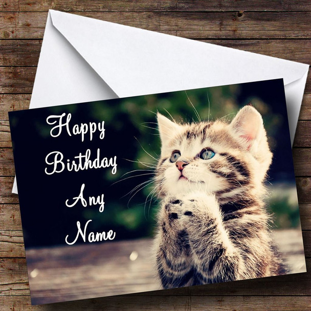 Funny Kitten Praying Customised Birthday Card