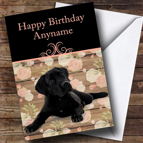 Beautiful Black Dog Floral Background Customised Birthday Card