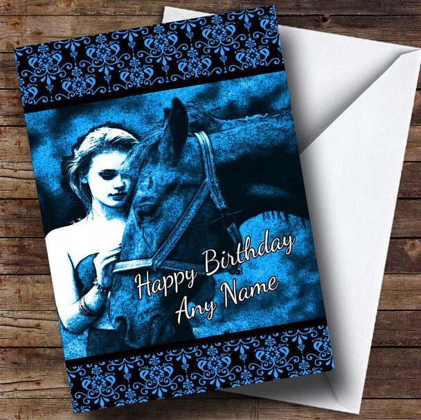 Blue Damask Girl & Horse Customised Birthday Card