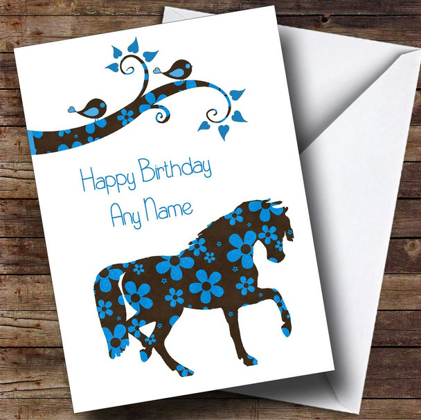 Blue & Brown Floral Horse Customised Birthday Card