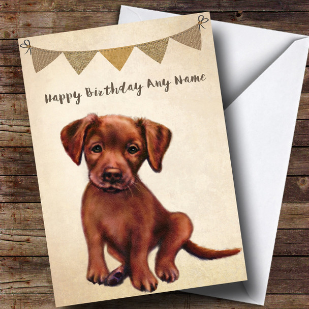 Vintage Burlap Bunting Dog Chocolate Labrador Puppy Customised Birthday Card