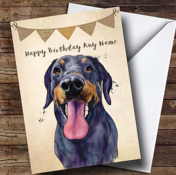 Vintage Burlap Bunting Dog Doberman Customised Birthday Card