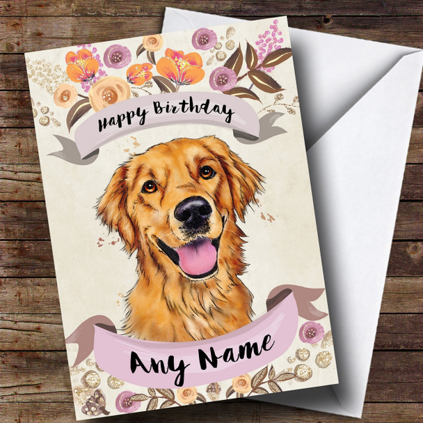 Rustic Gold Dog Golden Retriever Customised Birthday Card