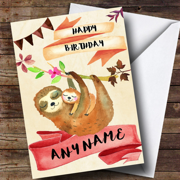 Watercolour Rustic Sloth & Baby Customised Birthday Card