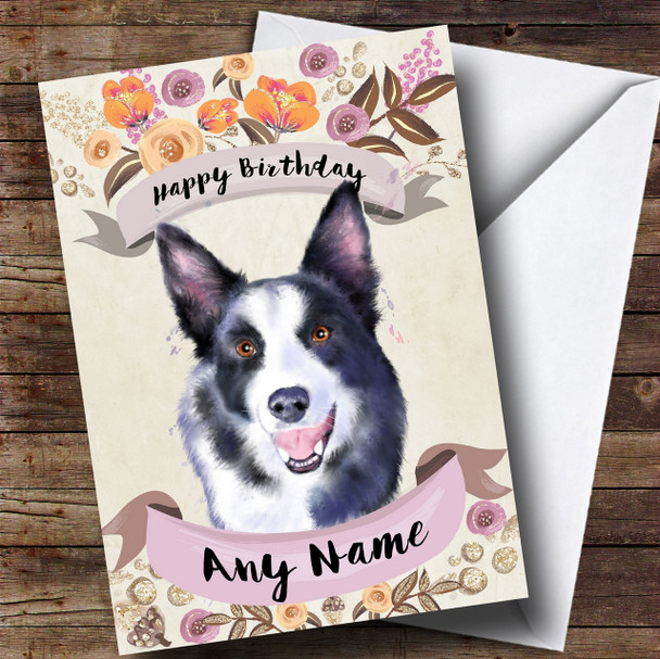 Rustic Gold Dog Border Collie Customised Birthday Card