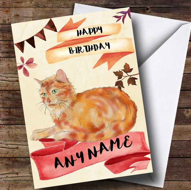 Watercolour Rustic Ginger Cat Customised Birthday Card