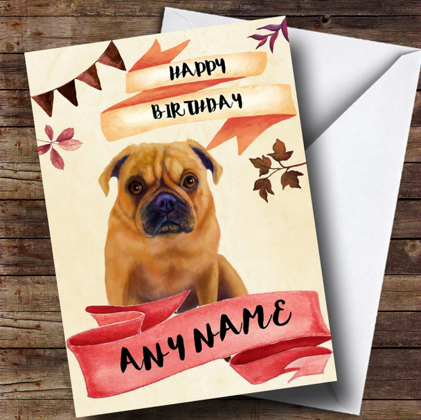 Watercolour Rustic Dog Pug Customised Birthday Card