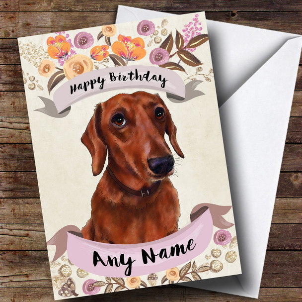 Rustic Gold Dog Dachshund Customised Birthday Card