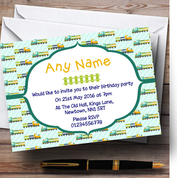 Children's Green And Orange Trains Customised Children's Birthday Party Invitations