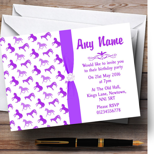 Purple And White Horses Customised Children's Birthday Party Invitations