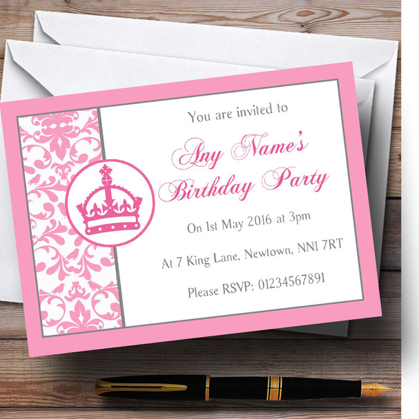Pink Princess Crown White Customised Birthday Children's Party Invitations