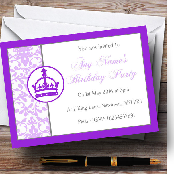 Purple Princess Crown White Customised Birthday Children's Party Invitations